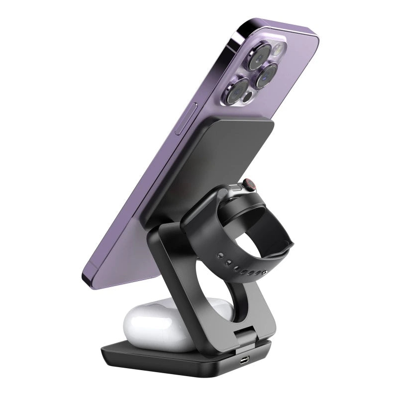 【折りたたみ式3-in-1ワイヤレス充電器】iPhone 15/14/13/12、Apple Watch、AirPods対応|15W急速充電|持ち運びに便利なマグネット式デザイン|旅行・自宅・オフィスに最適な高速充電|QC対応|日常の整理整頓と実用性