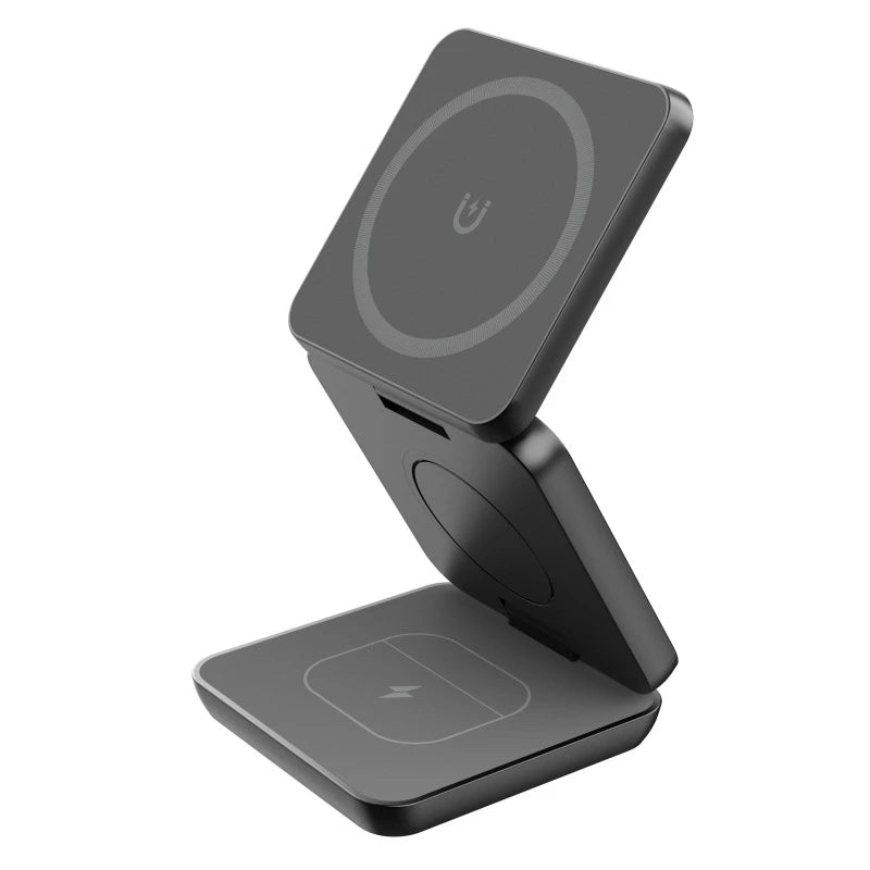 【折りたたみ式3-in-1ワイヤレス充電器】iPhone 15/14/13/12、Apple Watch、AirPods対応｜15W急速充電｜持ち運びに便利なマグネット式デザイン｜旅行・自宅・オフィスに最適な高速充電｜QC対応｜日常の整理整頓と実用性