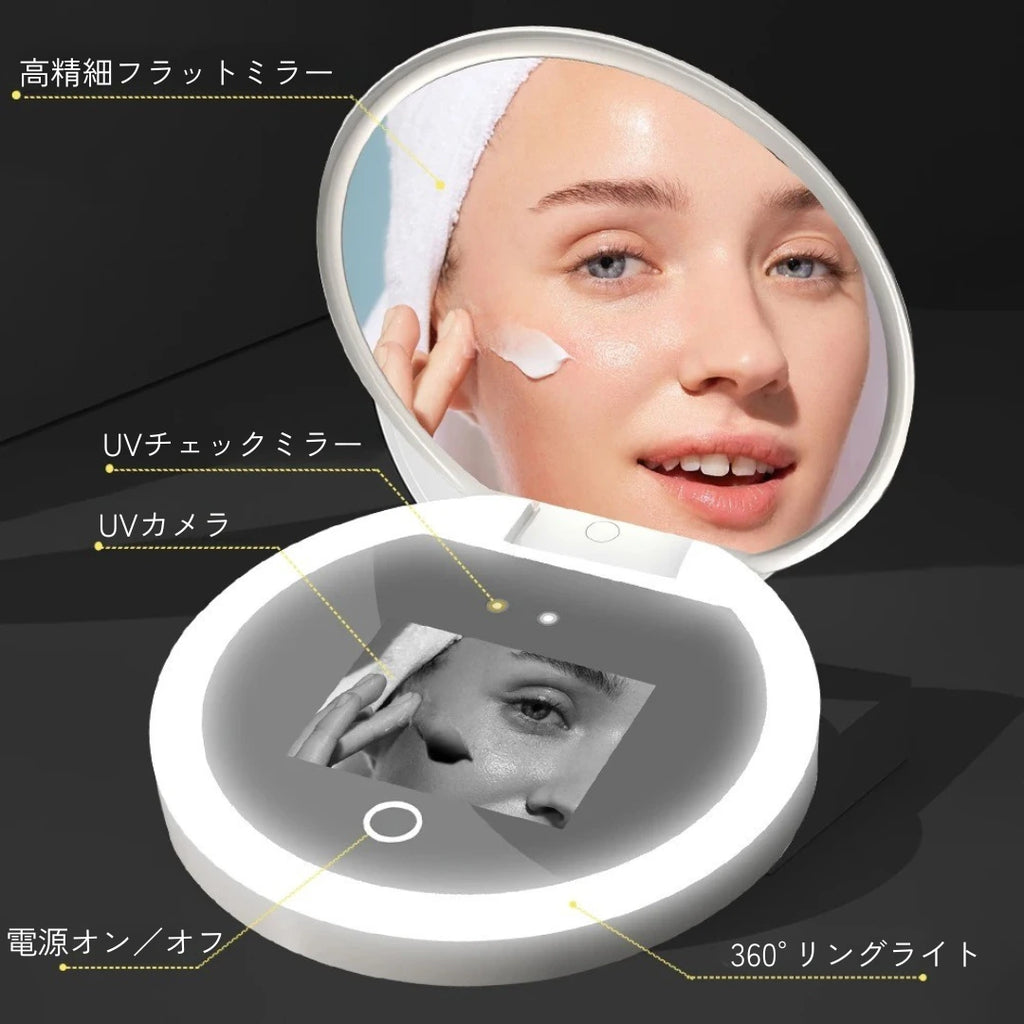 ClearSkin Mirror（クリアスキンミラー）の機能説明図｜UVカメラ・高精細フラットミラー・360°リングライト搭載
