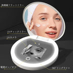 ClearSkin Mirror（クリアスキンミラー）の機能説明図｜UVカメラ・高精細フラットミラー・360°リングライト搭載
