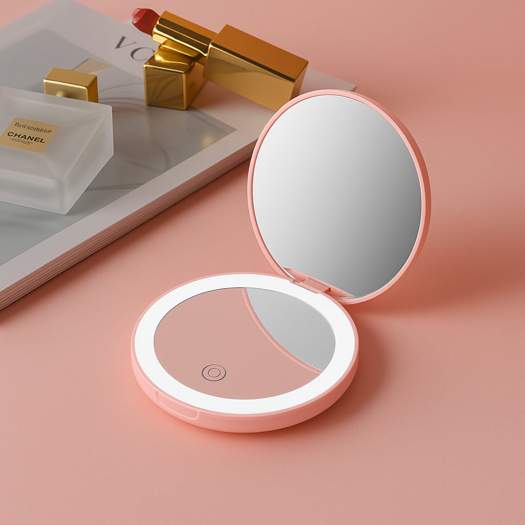 【LEDライト付きでどこでも理想のメイクが叶う】KiraMirror キラミラー｜USB充電式・超軽量コンパクト設計｜均一に顔を照らす自然光LED・手のひらサイズで携帯ラクラク｜インスタ映えデザインでプレゼントにも最適な女の子向けメイクミラー