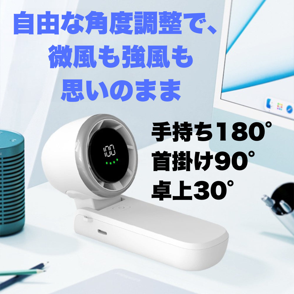 使用シーン別の角度調整ガイド付き画像。手持ち・首掛け・卓上の3WAY対応。