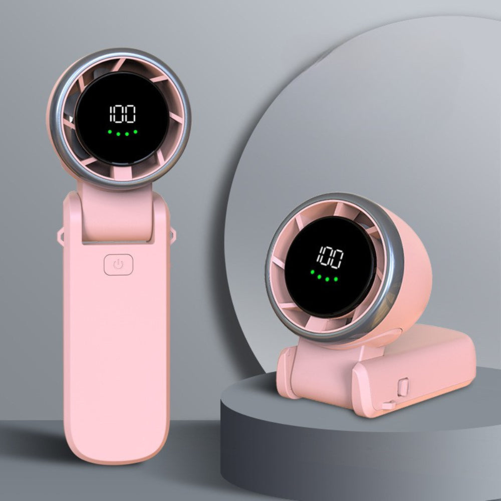 ピンクの折りたたみ式ハンディファン正面画像。液晶ディスプレイと高級感あるデザインが特徴。